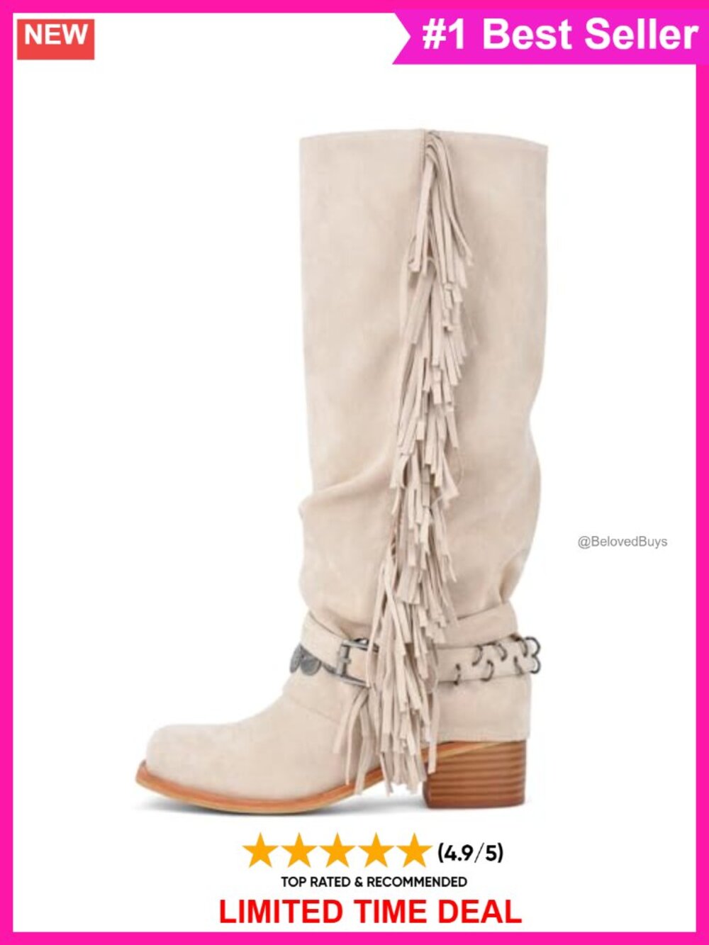 Knee High Riding Boots Fringe Buckle Straps Chunky Heel Square Toe Fold-Over